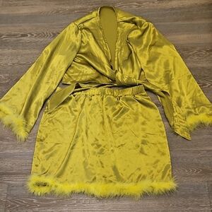 Elegant Gold Green  Satin 2 Peice Set 4X  with Feather Trim